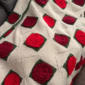 Handmade Rose Crochet Throw Blanket - White with Red & Green Accents